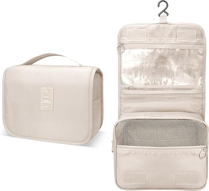 Large Capacity Toiletry Bag Travel Bag with Hanging Hook for Men and Women Waterproof Travel Cosmetic Bag Bathroom Storage Bag for Brushes Set, Full-Sized Shampoo,Accessories(Beige)