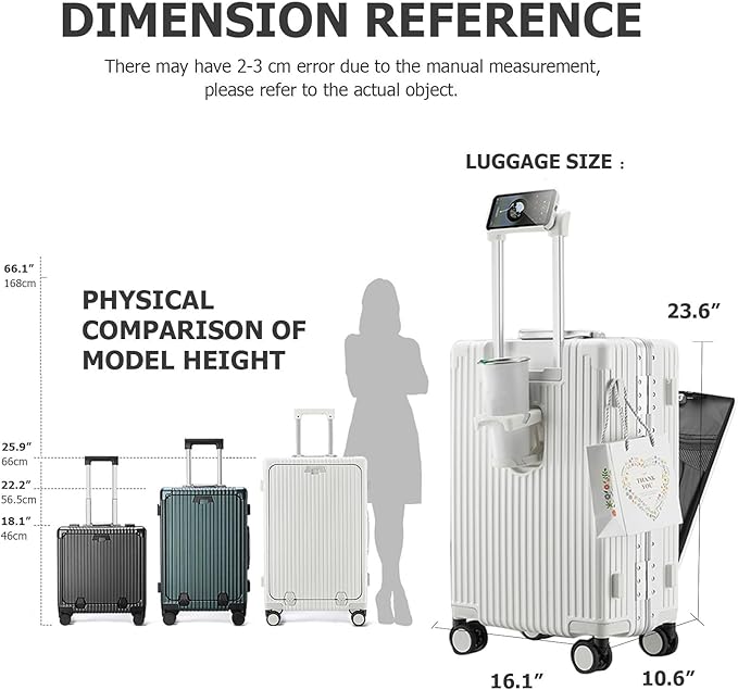 feilario 24in Aluminium Frame Zipperless PC Hard Shell Spinner Wheels Luggage, Built-In TSA lock Carry on Suitcase, with Cup Holder, USB Port, Phone Holder