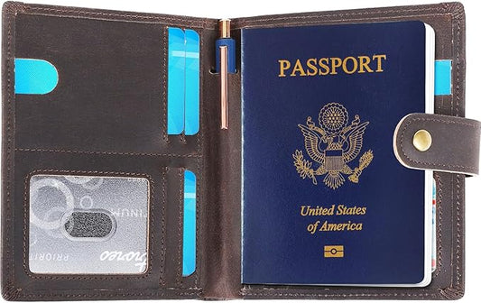 Vitus Full Grain Leather Passport Wallet, Travel Document Organizer with RFID Blocking, Dual Passport Slots, Dual Cash Pockets, Multiple Card Holders, a 60-Page Travel Notebook & Pen Included