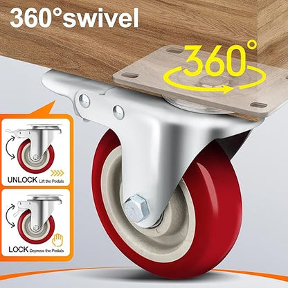 Caster Wheels 2 Inch, Heavy Duty Caster Wheels Set of 4, Swivel Castor Wheels with Dual Locking Brakes, Silent Polyurethane (PU), 360° Rotation, for Furniture and Workbench, Load 600lbs