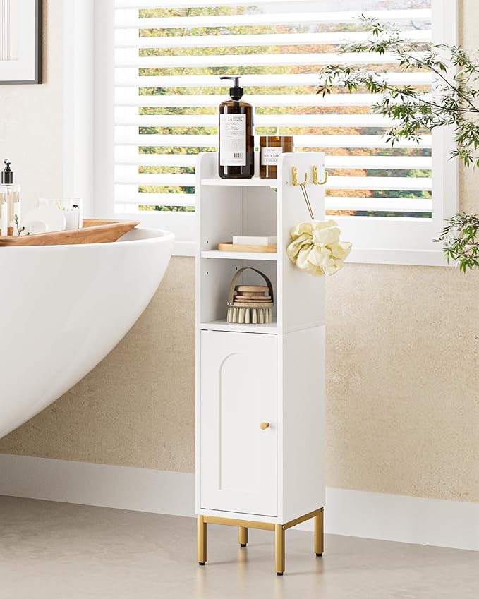 Bathroom Storage Cabinet, Small Corner Floor Hutch with Door and Adjustable Shelves, Narrow Toilet Paper Cabinet with Two Hooks, Bathroom Organizer for Small Spaces