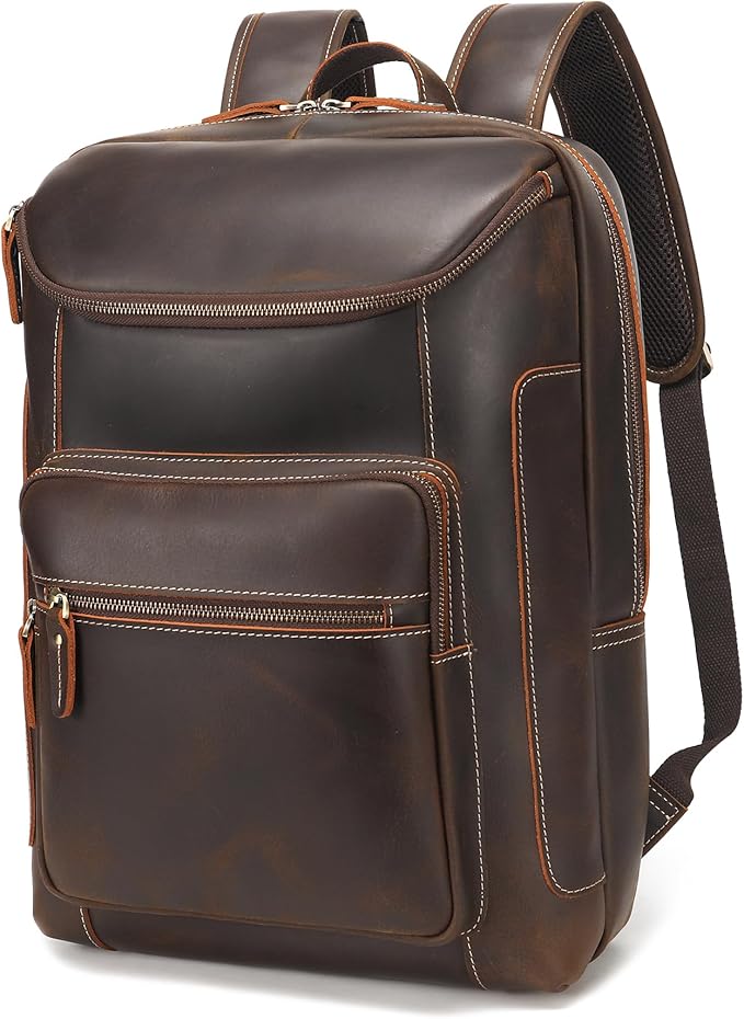 LANNSYNE Full Grain Leather Backpack For Men, 17" Laptop Backpack, Casual Outdoor Business Travel Rucksack, YKK Zippers