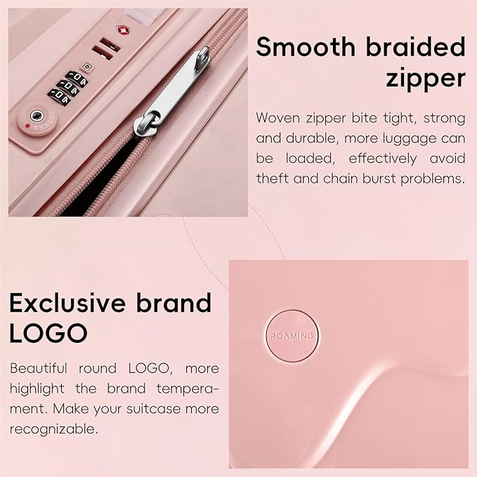 ROAMING 20-Inch Pink Carry On Luggage Airline Approved Lightweight PC Hardside Rolling Suitcase with TSA Lock Cup Holder USB Charging Port and Spinner Wheels for Women Ice cream suitcase