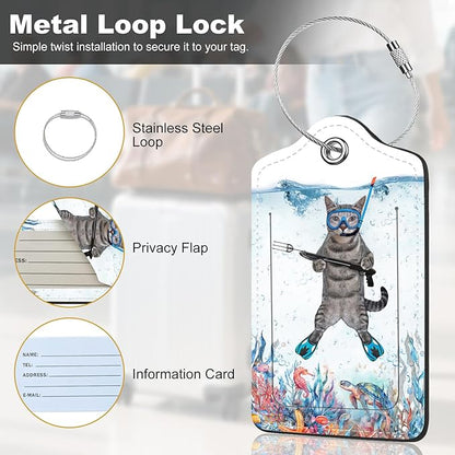 2Pack Luggage Tags for Suitcases, Cute Unique Pu Leather Cruise Luggage Tag with Privacy Cover ID Label Address Card and Metal Ring Suitable for Women Men Kids Travel Bag The Diving Cat