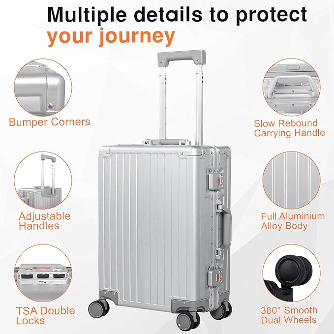 All Aluminum 24 Inch Check In Luggage Hard Shell Suitcases with Spinner Wheels and TSA Lock, Checked Medium Suitcase (Sliver)