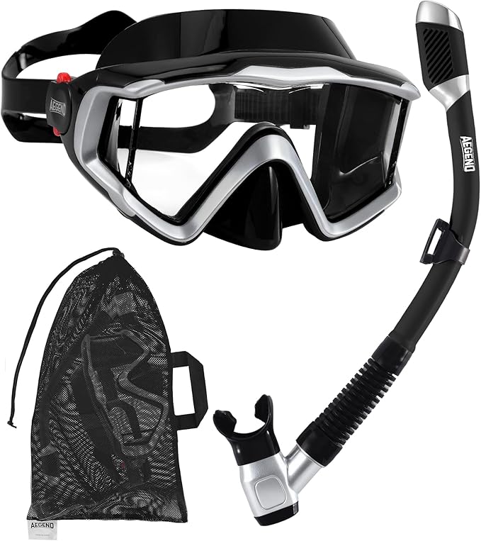 Aegend Snorkeling Gear for Adults Youth Kids, Dry Snorkel Set Panoramic View Enhanced Anti-Leak and Anti-Fog Technology, Adjustable Strap for Snorkeling Scuba Diving Swimming with Mesh Bag