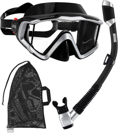 Aegend Snorkeling Gear for Adults Youth Kids, Dry Snorkel Set Panoramic View Enhanced Anti-Leak and Anti-Fog Technology, Adjustable Strap for Snorkeling Scuba Diving Swimming with Mesh Bag