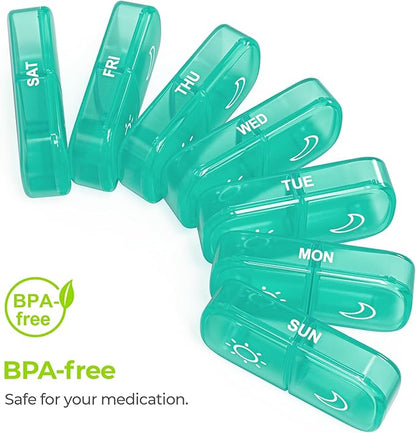 AUVON XL Weekly Pill Organizer 2 Times a Day, Pill Box 7 Day with One-Side Large Openings for Easy to Use, Cyan AM PM Pill Case for Medication, Vitamins, Fish Oils, Supplements