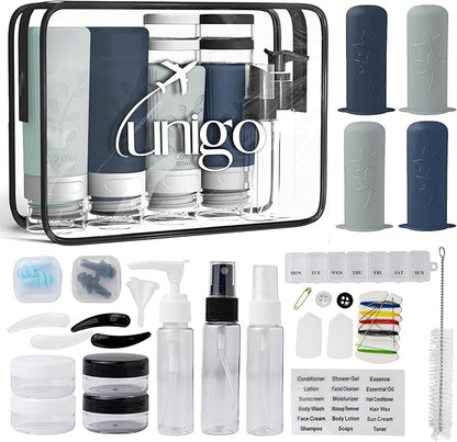 unigo 30pack Full Set TSA Approved Travel Bottles, Travel Size Containers for Toiletries, Refillable Leakproof Travel Shampoo and Conditioner Bottles,Toiletry Containers, Extra Sleeves (White,Black)