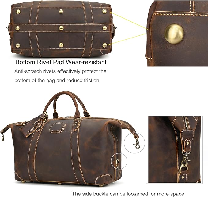 Full-grain Genuine Leather Travel Bag Large Capacity Luggage Duffel Bag for Men Shoulder Handbag Holiday Business Trip Bag, Brown