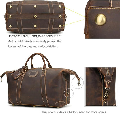 Full-grain Genuine Leather Travel Bag Large Capacity Luggage Duffel Bag for Men Shoulder Handbag Holiday Business Trip Bag, Brown