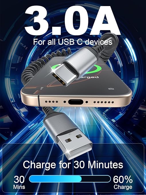 USB A to USB C Cable Coiled 3FT, 2 Pack USB to USBC Carplay Cable, USB A to Type C Charger Cord Compatible with iPhone 17/16/15, Samsung Galaxy S25 S24 S23, Pixel 10 9