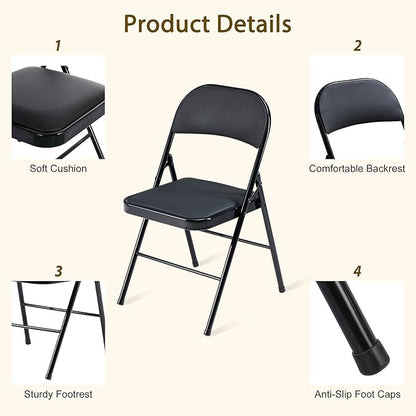 Black Folding Chairs 20 Pack with Padded Cushion and Back, Foldable Outdoor Chairs with 330-LBS Capacity, Portable Heavy Duty Metal Frame Commercial Seat for Party Kitchen Dinning Events Wedding