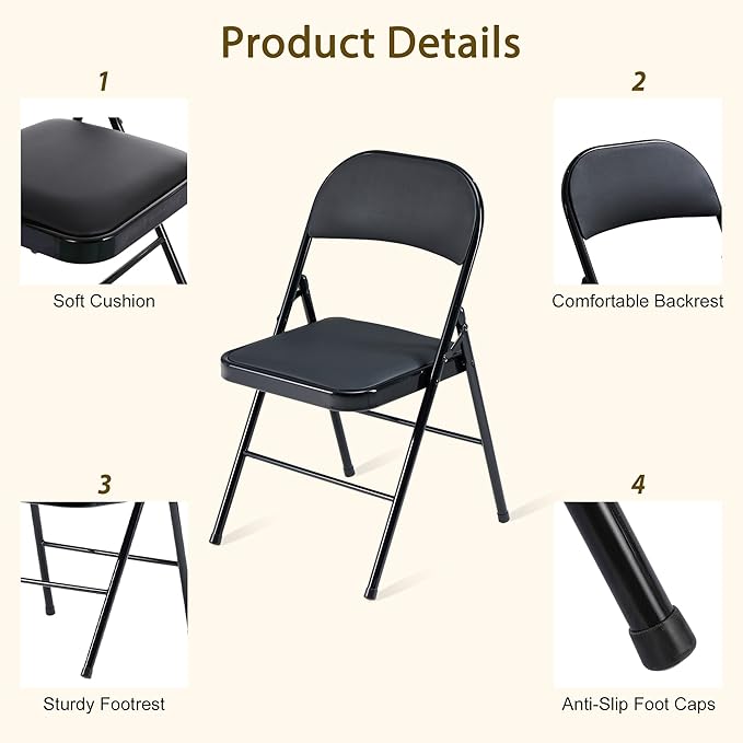 Black Folding Chairs 50 Pack with Padded Cushion and Back, Foldable Outdoor Chairs with 330-LBS Capacity, Portable Heavy Duty Metal Frame Commercial Seat for Party Kitchen Dinning Events Wedding