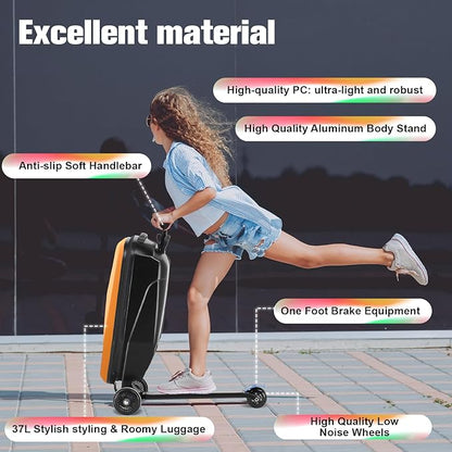 Scooter Luggage For Kids & Adults， Hardside Ride On Suitcase For Kids Ages 4-15 Multifunctional Lightweight Foldable Carry On Luggage With Wheels Ride On For Children Teenagers（Orange）