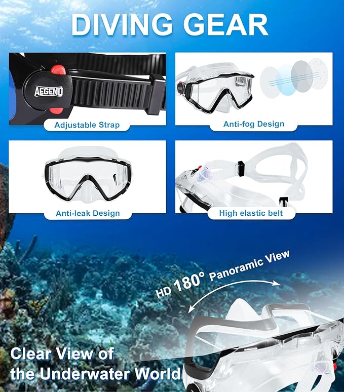 Aegend Snorkeling Gear for Adults Youth Kids, Dry Snorkel Set Panoramic View Enhanced Anti-Leak and Anti-Fog Technology, Adjustable Strap for Snorkeling Scuba Diving Swimming with Mesh Bag