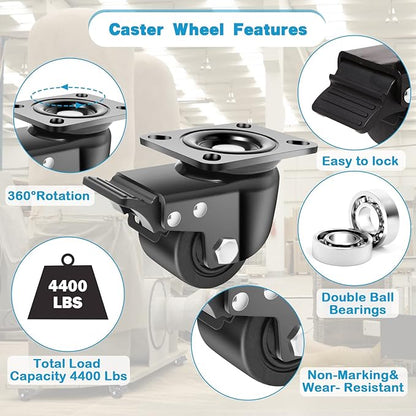 Nefish 3-Inch Heavy Duty Casters Set of 4, Industrial Grade Casters Wheels 4400 LBS, Low Gravity Plate Swivel Caster with Brake, Durable & Corrosion-Resistant Nylon Wheels for Industrial, Machine