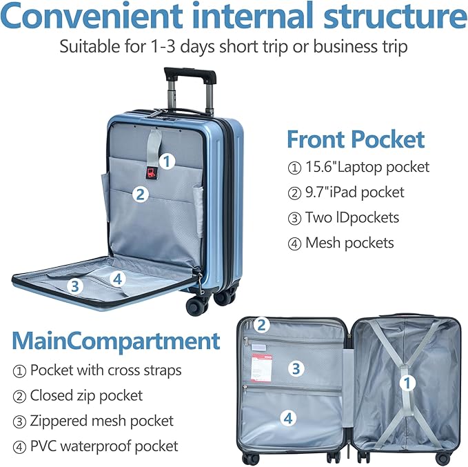 TydeCkare 20 Inch Carry On Luggage with Front Pocket, 21.65 * 15.35 * 7.87" Suitable for Airplane Overhead Bin, 34L Lightweight PC+ABS Hardshell with YKK Zipper, TSA Lock Approved, Ice Blue