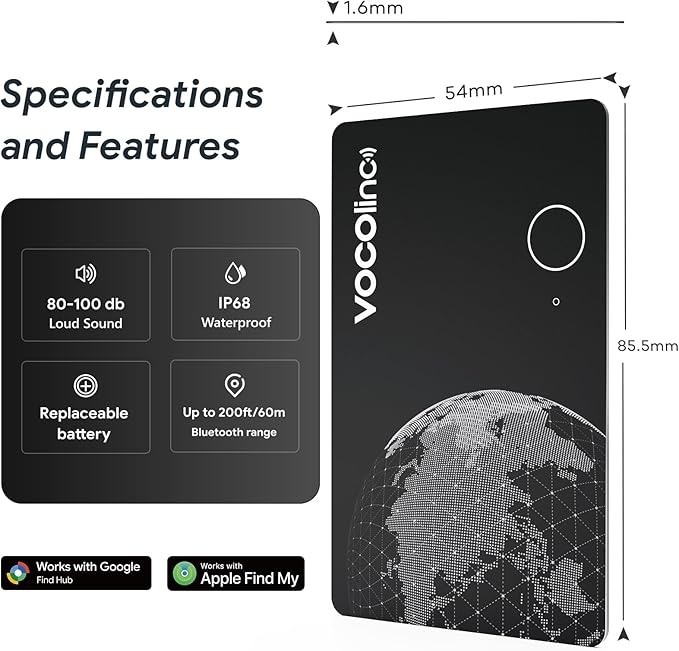 VOCOlinc Air Tag Smart Card for Android & iOS, New Dual System Rechargeable Wallet Tracker Work with Google Find Hub or Apple Find My APP, Item Finder Locator for Luggage, Suitcase. Slim 1.6mm, 2 Pack