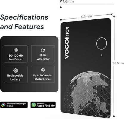 VOCOlinc Air Tag Smart Card for Android & iOS, New Dual System Rechargeable Wallet Tracker Work with Google Find Hub or Apple Find My APP, Item Finder Locator for Luggage, Suitcase. Slim 1.6mm, 2 Pack