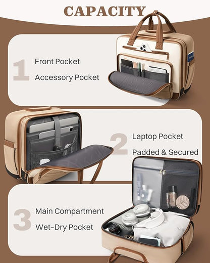 Rolling Puffer Laptop Bag, Rolling Briefcase for Women, Wheeled 16 Inch Computer Bag, Water Resistant Stylish Overnight Underseat Carry On Luggage with Wheels for Work Travel Business, Khaki