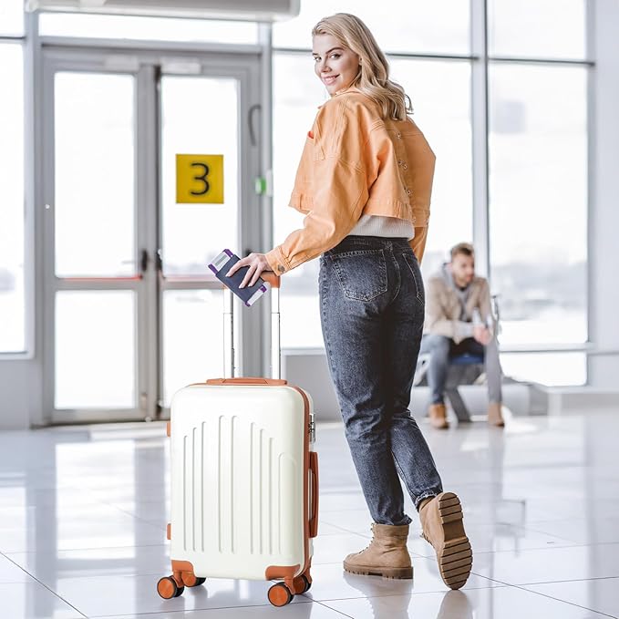 Karl home 24in Checked Luggage with TSA Lock, ABS Hardshell Check-in Suitcase with Spinner Wheels, Durable Medium Suitcase Rolling Luggage for Business Travel, White & Brown