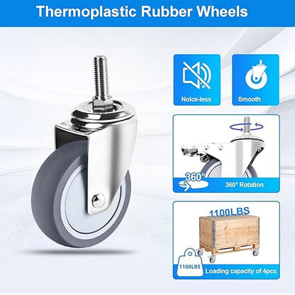 4 inch Stainless Steel Caster Wheels Heavy Duty, 1/2"-13x1-1/2 Threaded Stem Casters, Rust Resistant, Non-Marking Slient TPR Rubber Wheels for Hospital, Lab, Furniture, Restaurants