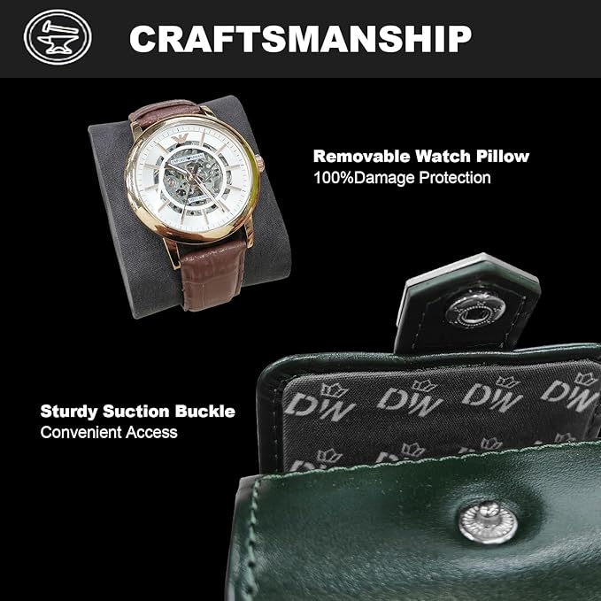 DUKWIN Watch Roll,Vegan Leather Travel Single Watch Case Organizer with Removable Pillows for Men and Women,Display Case for All Watches Collection and Gift for Anniversary Birthday(Green Storage Box)