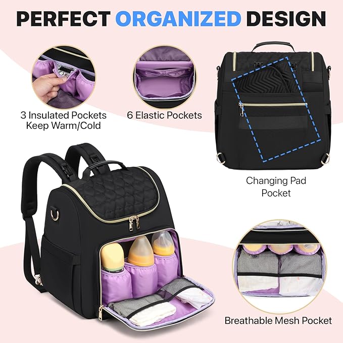 Diaper Bag Backpack, 4 in 1 Convertible Baby Travel Backpacks, Diaper Bag with Changing Pad Diaper bag, Baby Bag for Mom, Insulated Pockets, Stroller Straps, Black