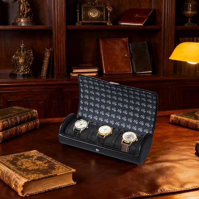 DUKWIN Watch Roll for 3 Watches,Vegan Leather Travel Watch Case Organizer with Removable Pillows for Men and Women,Display Case for Watches Collection and Gift for Anniversary Birthday(Black Storage)