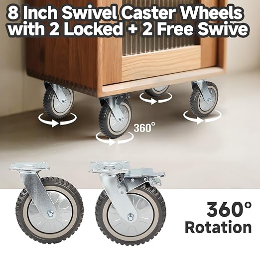 uyoyous 4Pcs 8 Inch Caster Wheels, Industrial Heavy Duty Polyurethane Swivel Casters with 2Pcs Brake 1760 LBS, All Terrain Castors for Workshop Carts, Garage Machinery & Jobsite Equipment