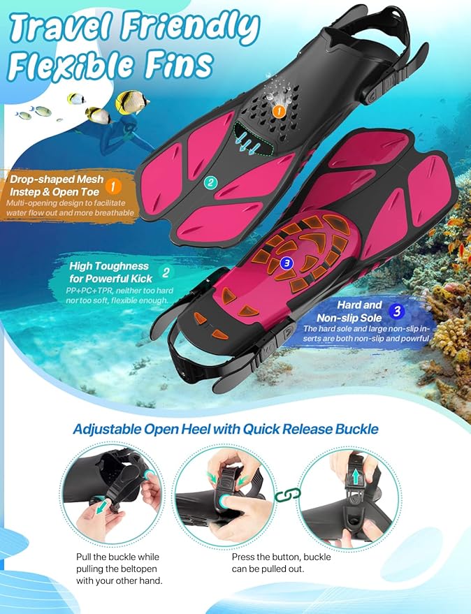 Zenoplige Mask Fins Snorkel Set, Snorkeling Gear for Adults, Panoramic View Snorkel Mask Anti-Fog, Adjustable Dive Flippers, Dry Top Snorkel and Travel Bag, Scuba Gear for Swimming Snorkeling Diving