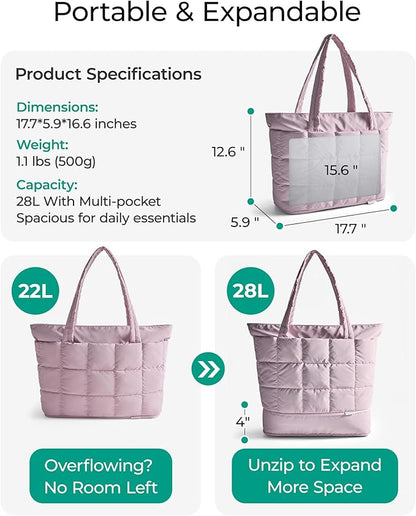 BAGSMART Expandable Tote Bag for Women, Puffer Work Tote Handbag, Quilted Carry On Bag for Travel Gym