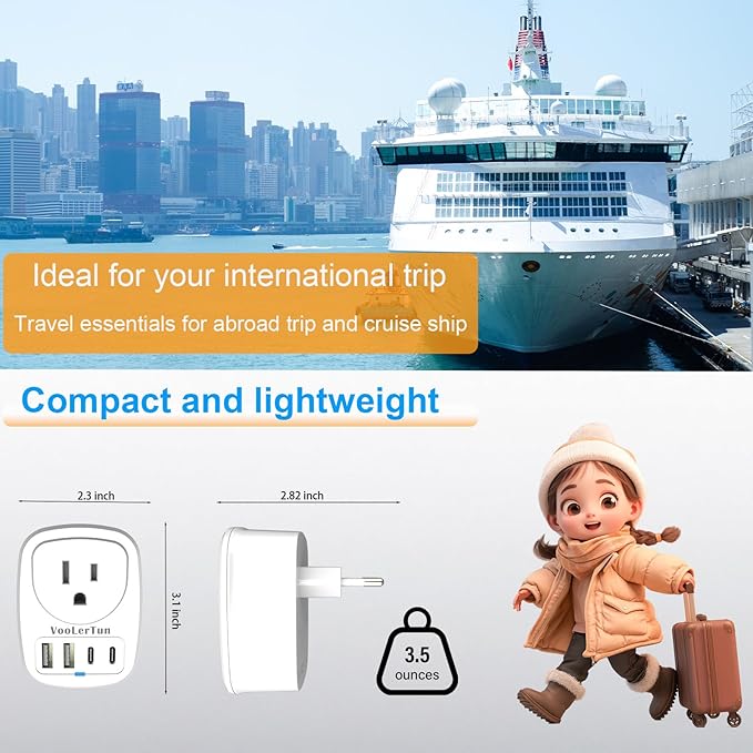 2 Pack Type C Plug Adapter, VooLerTun Germany Travel Plug Adapter with 4 USB Charger Ports, 1 American Outlet Adapter. US Converter for European France Denmark Norway Brazil Travel Essential