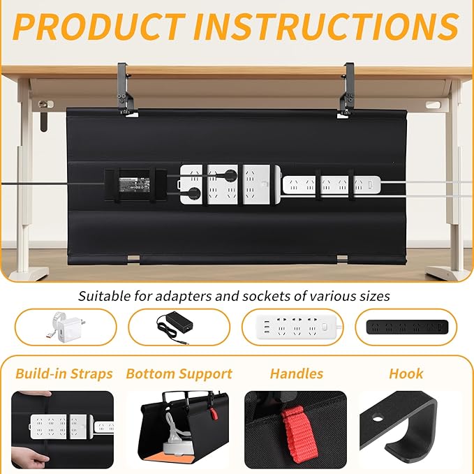 Under Desk Cable Management Tray, No Drill Desk Cord Organizer with Clamp, 36" Fabric Cable Management for Standing Desk Office & Home, Black