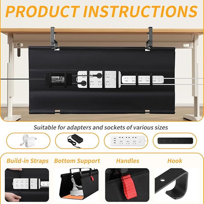 Under Desk Cable Management Tray, No Drill Desk Cord Organizer with Clamp, 36" Fabric Cable Management for Standing Desk Office & Home, Black