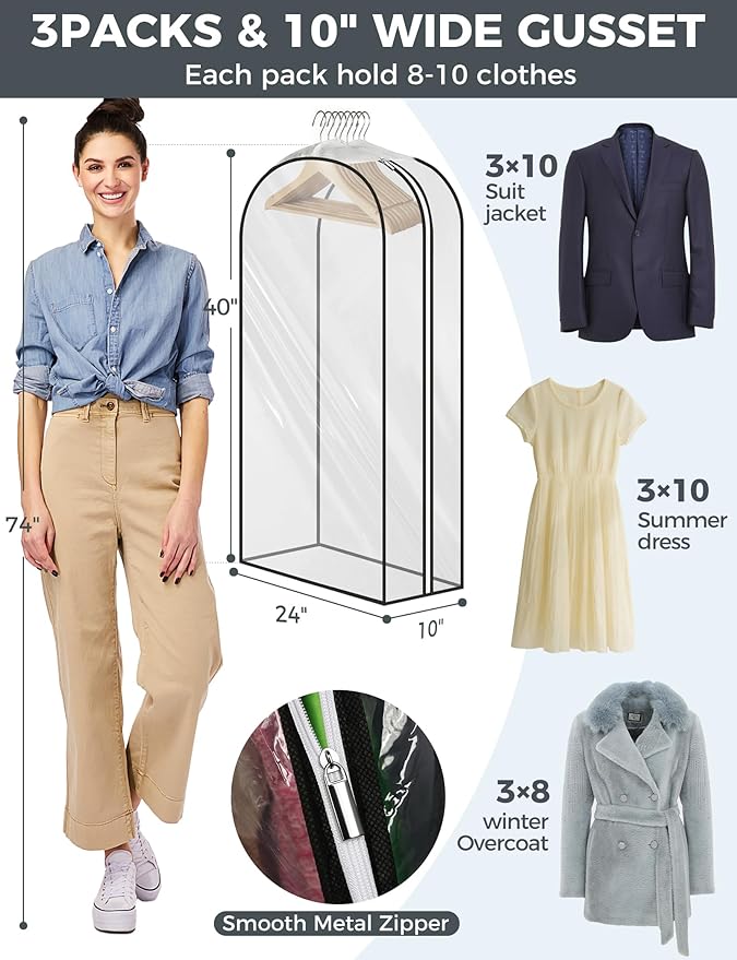4 pcs 50" Garment Bags for Hanging Clothes, Clear Suit Bags for Closet Storage Clothing Storage, Garment Bags for Travel Covers with 10" Gussets for Coats, Jackets, Shirts and Sweater