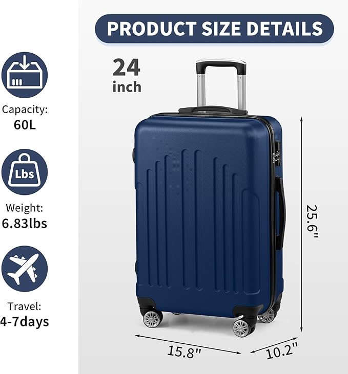 Karl home 24in Checked Luggage with TSA Lock, ABS Hardshell Check-in Suitcase with Spinner Wheels, Durable Medium Suitcase Rolling Luggage for Business Travel, Navy Blue