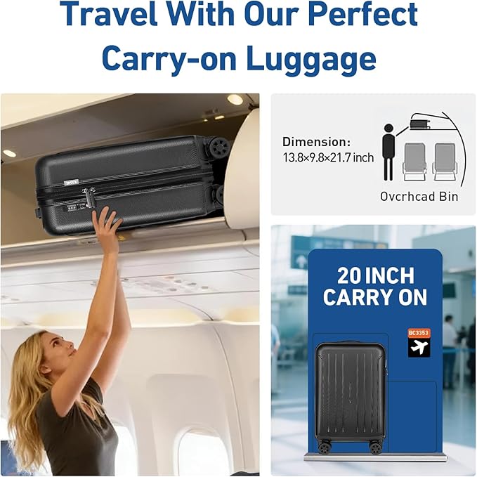 KYME Carry on luggage 22x14x9 Airline Approved Suitcase Hardshell With Double Spinner Wheels, PC+ABS TSA Lock Travel Luggage (Black, 20" Carry On)
