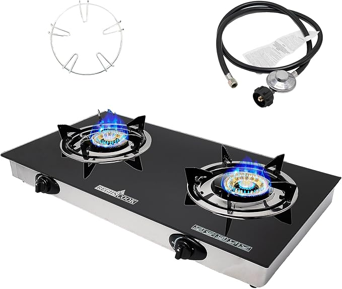 2 Burner Propane Gas Cooktop,Camping Portable LPG Gas Stove, Auto Ignition Tempered Glass Countertop with Regulator Burner Grate