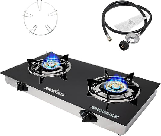 2 Burner Propane Gas Cooktop,Camping Portable LPG Gas Stove, Auto Ignition Tempered Glass Countertop with Regulator Burner Grate