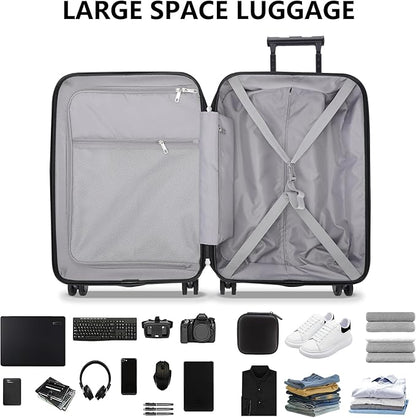Luggage Sets 2 Piece, Carry On Luggage with Front Pocket & USB Port and 28 Inch Expandable Checked Luggage, Hybrid Soft Front & Hard Shell Suitcases with Spinner Wheels & TSA Lock, Black