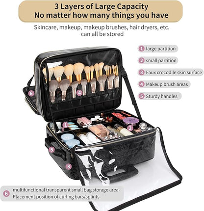OCHEAL Rolling Makeup Train Case, 18" Carry On Travel Cosmetic Organizer Suitcase,Extra Large Trolley Makeup Storage Case On Wheels,3 Layers with 3pcs Traveling Bags for Hairstylist Cosmetology Artist