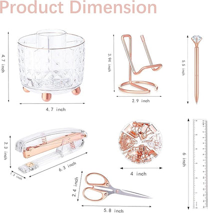 Rose Gold Desk Accessories, Office Supplies Desk Organizers 360°Pen Holder Acrylic Stapler Set, Phone Holder, Ballpoint Pen, Scissor, Binder Clips, Ruler, Transparent Glue, Sticky Note and Staples.