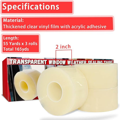 Birllaid Transparent Window Weather Sealing Tape, 2 inch x55Yards(165 FT) x3 Pack Total165yds (495 FT), Window AC Seal Air Conditioner Sealing Tape, No Residue, Clear