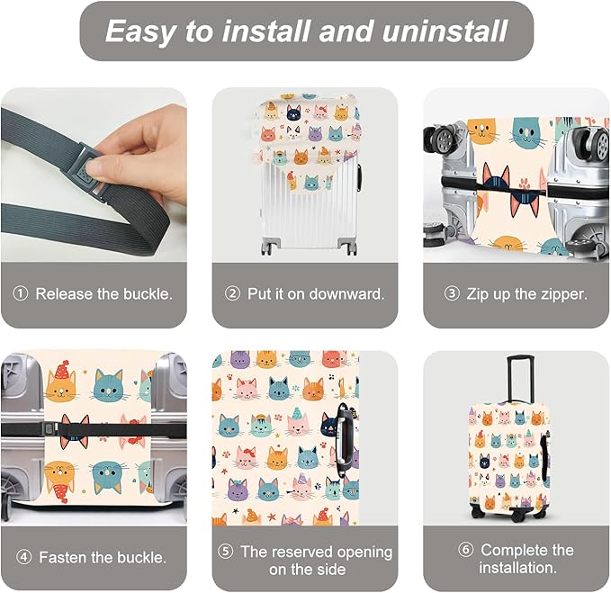 Multi Cat Luggage Protector, Washable Suitcase Cover Allover Cartoon Kitty Faces Anti-scratch for 28",30"Bag