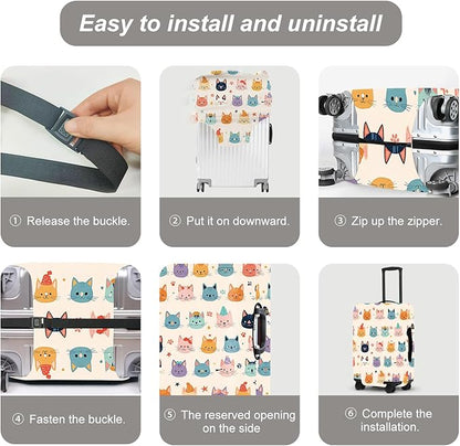 Multi Cat Luggage Protector, Washable Suitcase Cover Allover Cartoon Kitty Faces Anti-scratch for 28",30"Bag
