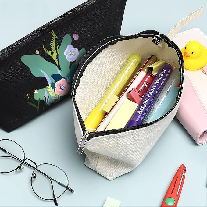 10 Pieces Cotton Canvas Makeup Bag with Bottom, Multi-Purpose Cosmetic Bag with Zipper Travel Toiletry Pouch, Blank DIY Craft Bag Pencil Bag (L, White) (MN-WB07)