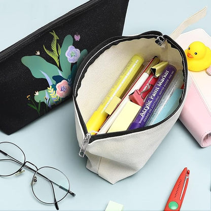 10 Pieces Cotton Canvas Makeup Bag with Bottom, Multi-Purpose Cosmetic Bag with Zipper Travel Toiletry Pouch, Blank DIY Craft Bag Pencil Bag (M, Black), MN-WB07
