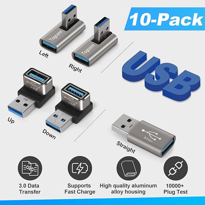Angle USB 3.0 Adapter 5 Pack, Multiple Angles(UP/Down/Left/Right/Straight),USB A Male to Female Connector Converter USB L Shape Extender, Support Charge & Data Sync for PC, Laptop, Mouse, Keyboard